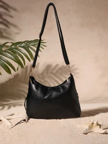 Tropiscape 1pc Black PU Leather Smooth Zipper Tassel Decor Fashion Versatile Casual Crossbody Bag, Suitable For Women's Daily Use Cottagecore,SummerOutfit - Black - View 2