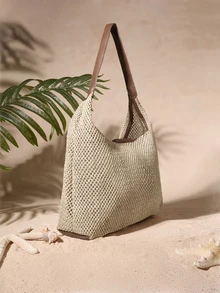 Tropiscape Vacation Straw Bag With Inner Pouch Contrast Binding Snap Button, Beach Purse, Perfect For Summer, Vacation & Daily Use, Travel Must Haves, Summer Straw Beach Bag For Women, Hottest Beach Bags For Women, Fashion Summer Vacation Bag, Beach Essentials Women Bags For Vacation & Holiday, Newest Holiday Bag ,Vacation Essentials , Beach Bag, Vacation, Beach Bags Cottagecore,SummerOutfit - Coffee Brown - View 3