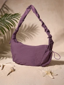 Tropiscape 1pc Nylon Fabric Multi-Pocket Dumpling Bag, Women's Casual Pleated Drawstring Diagonal Shoulder Bag, Soft & Slouchy Bohemian Style Hobo Bag, Suitable For Women Shopping, Commuting And Daily Use, Japanese Style , Bohemian Outfit For Women , Purple , Beach Cottagecore,SummerOutfit - Bold Plum - View 2