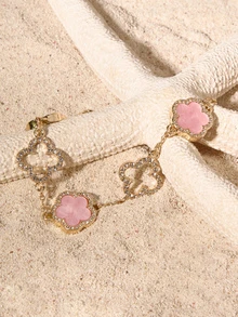 Tropiscape 1pc Luxury Elegant Rhinestone Hollow Clover & Flower Charm Bracelet For Women (No Gift Box) Cottagecore,SummerOutfit - Pink - View 3