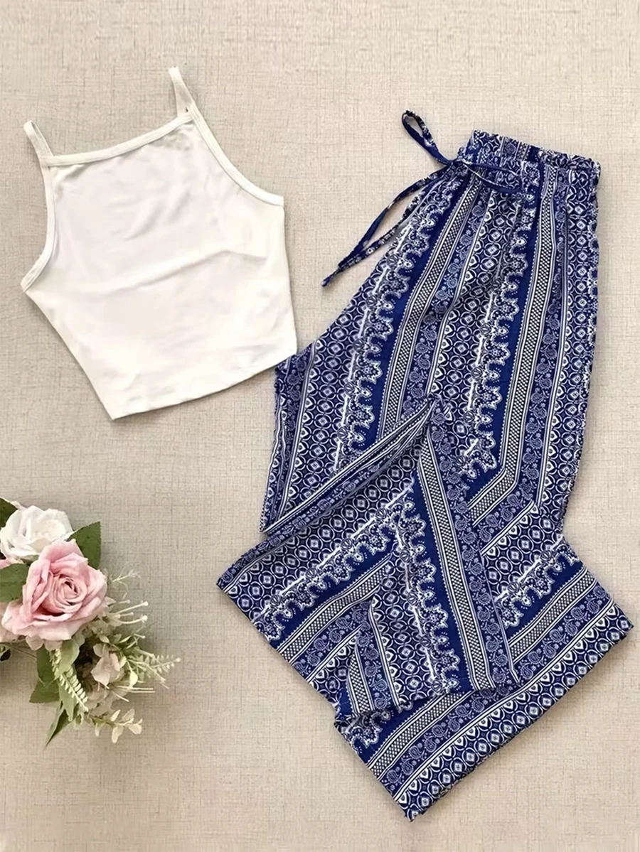 Bộ 2 món dành cho nữ: Áo croptop hở lưng thanh lịch và quần ống rộng in họa tiết Bohemian, chất liệu vải co giãn vừa phải. - trắng - Xem 1