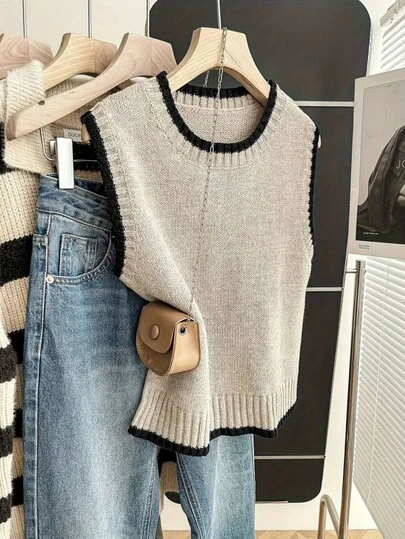 女士休闲撞色滚边圆领棉质针织无袖背心，夏季