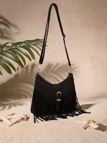 Tropiscape 1pc Black PU Leather Smooth Zipper Tassel Decor Fashion Versatile Casual Crossbody Bag, Suitable For Women's Daily Use Cottagecore,SummerOutfit - Black - View 3