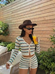 Women's Y2K 2pcs Colorblock Striped Hollow Out Cover Up Top & Shorts Set, Casual Bohemian Beach Vacation Outfit For Spring Summer - Light Blue - View 3