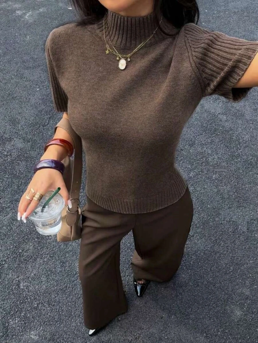 New Women's Casual Short Sleeve Stand Collar Knit Sweater Top, Spring/Summer - Brown - View 1
