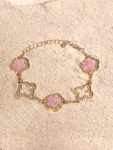 Tropiscape 1pc Luxury Elegant Rhinestone Hollow Clover & Flower Charm Bracelet For Women (No Gift Box) Cottagecore,SummerOutfit - Pink - View 1