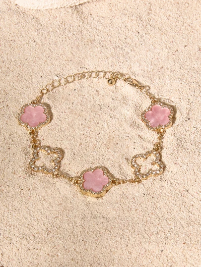Tropiscape Pulseira feminina de luxo elegante com pingente de trevo vazado e flor cravejado de strass (sem caixa de presente) - Estilo Cottagecore, ideal para o verão.