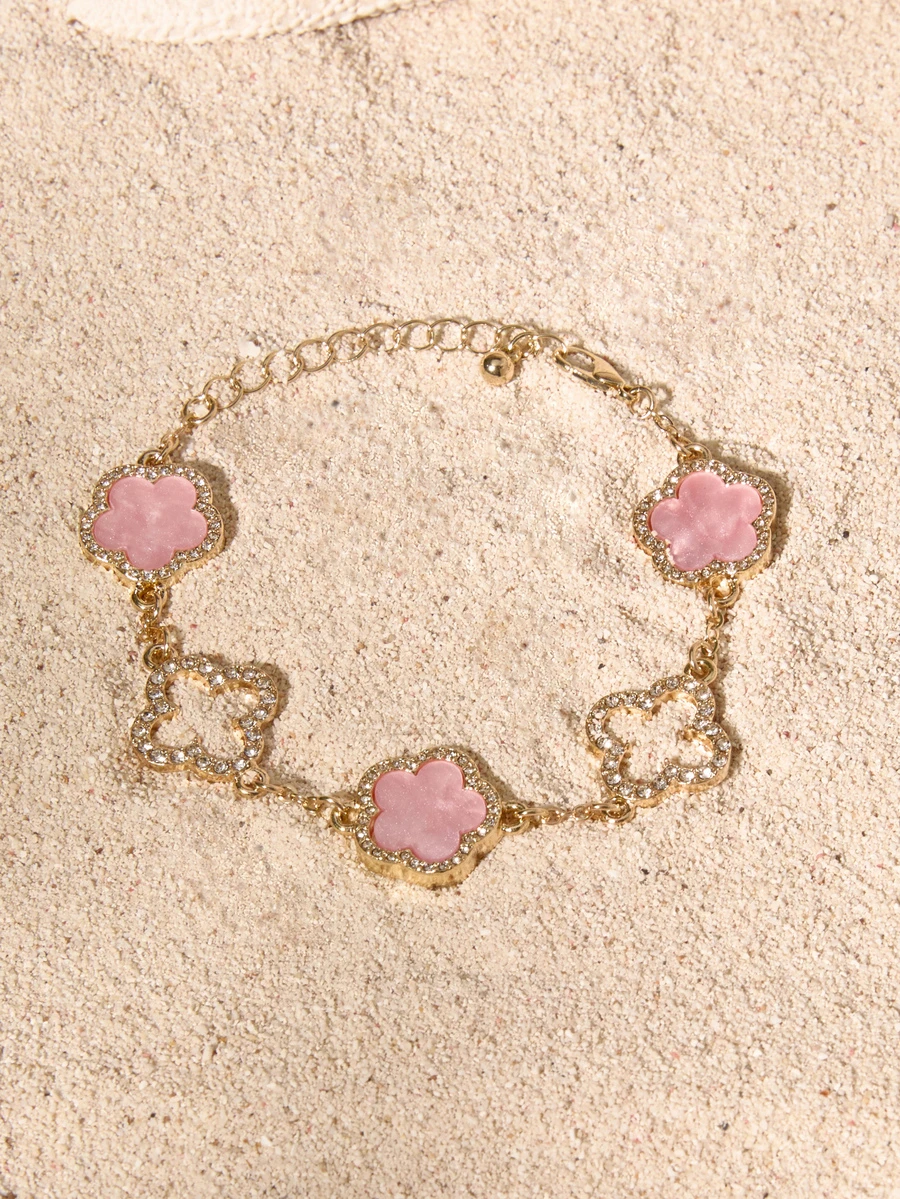 Tropiscape 1pc Luxury Elegant Rhinestone Hollow Clover & Flower Charm Bracelet For Women (No Gift Box) Cottagecore,SummerOutfit - Pink - View 1