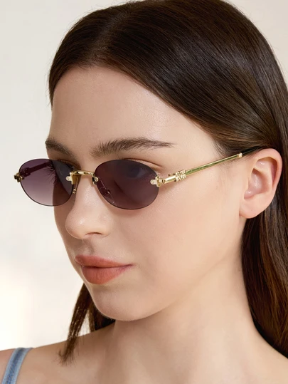 Clariva 1pc Frameless Oval Small Metal Frame Fashion Glasses, Fashionable For Women, Suitable For All Seasons, Travel, Beach