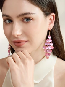 Clariva 1 Pair Women's Bohemian European & American Minimalist Fashion Exaggerated Summer Beach Vacation Style Round Shell Tassel Earrings, Suitable For Beach, Daily Wear, Party, Spring Festival, Purple, Blue, Green, Gray, White, Pink - Bohemian Long Tassel Dress - View 1