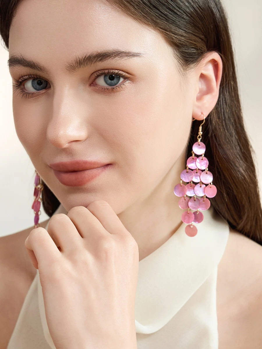 Clariva 1 Pair Women's Bohemian European & American Minimalist Fashion Exaggerated Summer Beach Vacation Style Round Shell Tassel Earrings, Suitable For Beach, Daily Wear, Party, Spring Festival, Purple, Blue, Green, Gray, White, Pink - Bohemian Long Tassel Dress - View 1