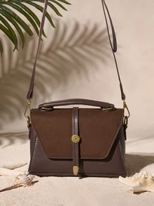 Tropiscape Nueva bolsa cruzada cuadrada con hebilla metálica clásica y decorativa, correa ajustable, diseño de solapa burdeos, adecuada para deportes al aire libre, ir al trabajo, compras, campus y viajes de corta distancia, estilo campestre, atuendo de verano - Café integral - Ver 3