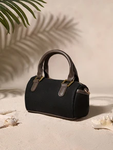 Fashionable High-End Cylinder Boston Bag For Women, Versatile Handheld/Shoulder/Crossbody Bag With Zipper, Frosted Pu Leather Cottagecore,SummerOutfit - Black - View 3