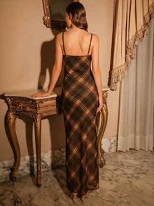 女士休闲卡其色格子无袖中长连衣裙，春夏款 - 咖啡棕 - 查看 2