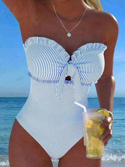 New Fashionable Sexy Elegant Striped Lace Ruffle Bust Bow Detachable Strap One-Piece Swimsuit For Beach, Pool Party, Vacation Summer