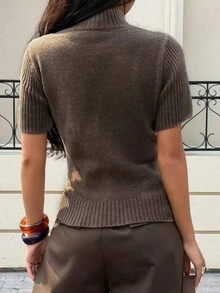 New Women's Casual Short Sleeve Stand Collar Knit Sweater Top, Spring/Summer - Brown - View 2