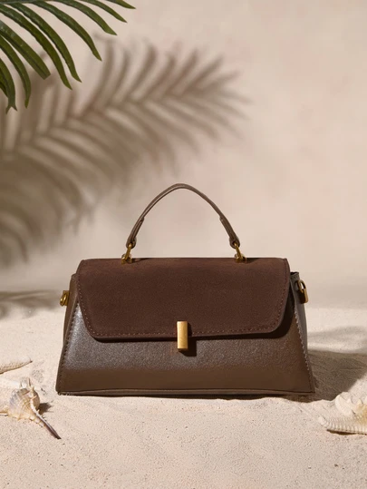 Tropiscape 1 件女士复古绒面时尚手提包，PU 拼接单肩包，小方形日常工作钱包，商务休闲女包，非常适合办公室商务和工作，新款秋冬女包，最佳秋季钱包，最新时尚女士绒面包，与秋季服装完美搭配女士秋季服装