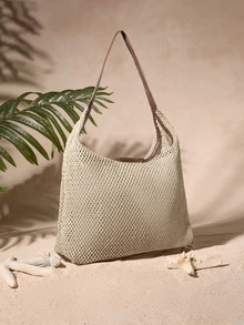 Tropiscape Vacation Straw Bag With Inner Pouch Contrast Binding Snap Button, Beach Purse, Perfect For Summer, Vacation & Daily Use, Travel Must Haves, Summer Straw Beach Bag For Women, Hottest Beach Bags For Women, Fashion Summer Vacation Bag, Beach Essentials Women Bags For Vacation & Holiday, Newest Holiday Bag ,Vacation Essentials , Beach Bag, Vacation, Beach Bags Cottagecore,SummerOutfit - Coffee Brown - View 4