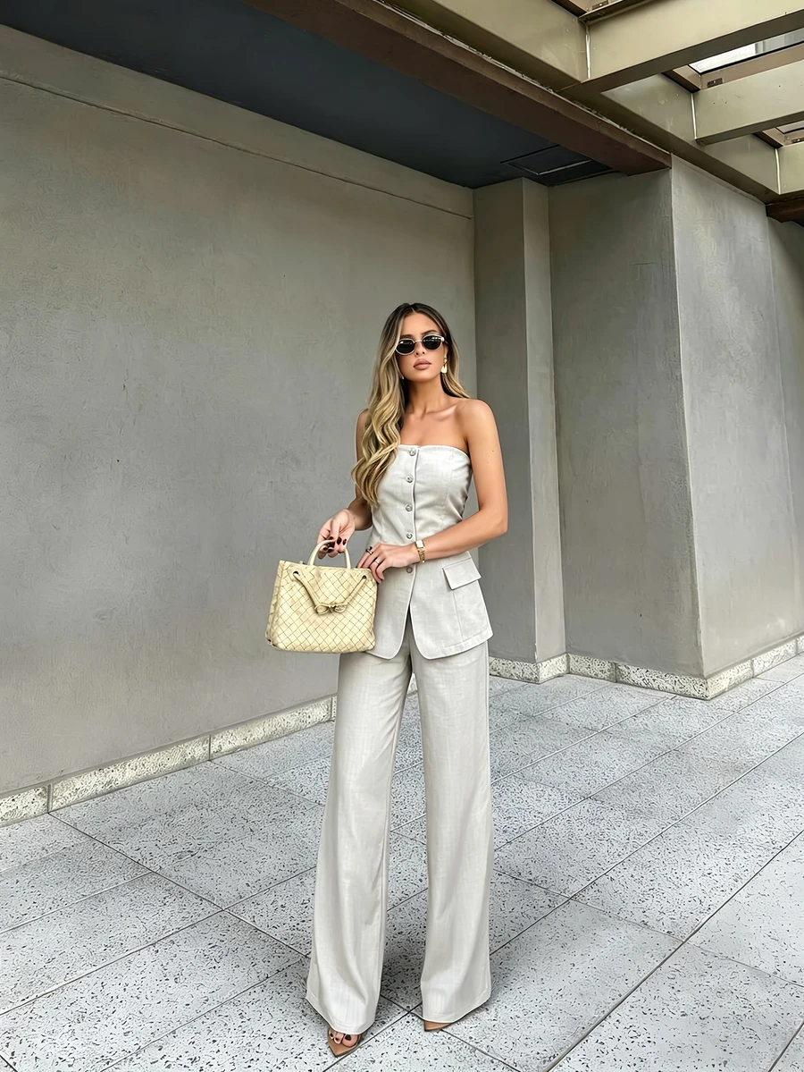 Bộ đồ nữ mùa hè thanh lịch, giản dị, sang trọng, kiểu áo quây cài cúc phía trước, ống rộng, gồm 2 món, thích hợp cho công sở, tiệc tùng và mặc hàng ngày. - Xám - Xem 1