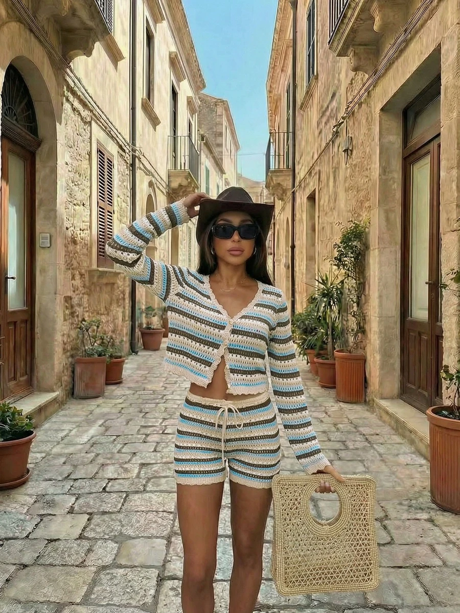 Women's Y2K 2pcs Colorblock Striped Hollow Out Cover Up Top & Shorts Set, Casual Bohemian Beach Vacation Outfit For Spring Summer