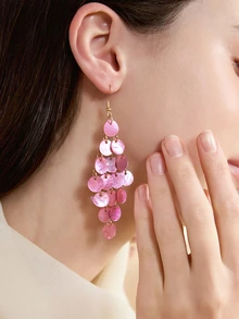 Clariva 1 Pair Women's Bohemian European & American Minimalist Fashion Exaggerated Summer Beach Vacation Style Round Shell Tassel Earrings, Suitable For Beach, Daily Wear, Party, Spring Festival, Purple, Blue, Green, Gray, White, Pink - Bohemian Long Tassel Dress - View 5