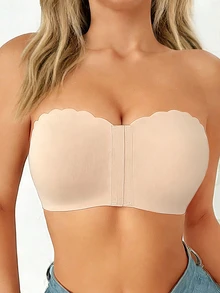 女士前扣式褶皱抹胸无肩带文胸，基础款黑色无缝可拆卸衬垫隐形肩带短款文胸，舒适无钢圈文胸 - 杏色 - 查看 2