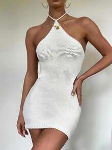 EAVA Summer Women's White Halter Hollow Knit Bodycon Mini Dress, Sexy Slimming Vacation Dress, Ladies' Party Dress, Summer Dress, Perfect For Summer Holiday Outfits And Beach Vacation Outfits, White Dress Spring - Apricot - View 1