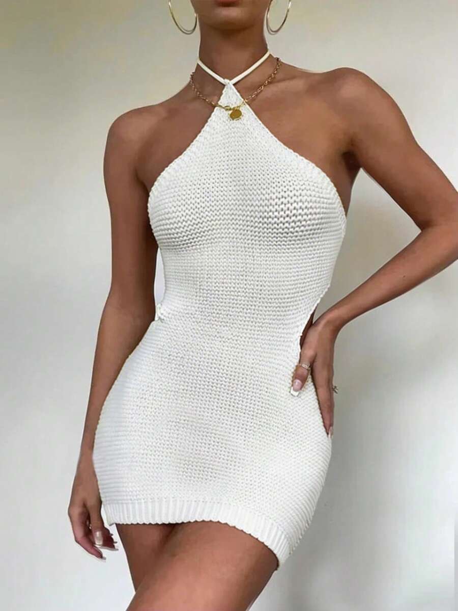 EAVA Summer Women's White Halter Hollow Knit Bodycon Mini Dress, Sexy Slimming Vacation Dress, Ladies' Party Dress, Summer Dress, Perfect For Summer Holiday Outfits And Beach Vacation Outfits, White Dress Spring - Apricot - View 1
