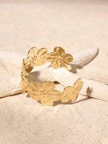 Tropiscape 1pc Retro Elegant Vintage Floral Design Metal Bangle, Versatile Adjustable Open Cuff Bracelet Suitable For Women To Wear For Beach, Party, Music Festival, Date, Daily Match, Summer Cottagecore,SummerOutfit - Yellow Gold - View 3