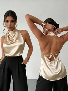 Áo kiểu nữ mùa hè thanh lịch, giản dị, cổ đổ, dây buộc sau bằng satin, thích hợp cho tiệc tùng, đi biển, nghỉ mát, công sở và mặc hàng ngày. - Rượu sâm banh - Xem 1