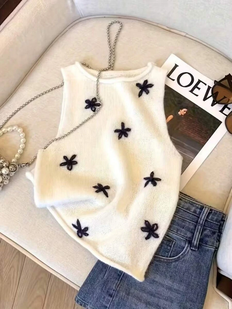 Áo tank top dệt kim họa tiết hoa không tay dành cho nữ, thích hợp cho mùa xuân/hè. - trắng - Xem 1