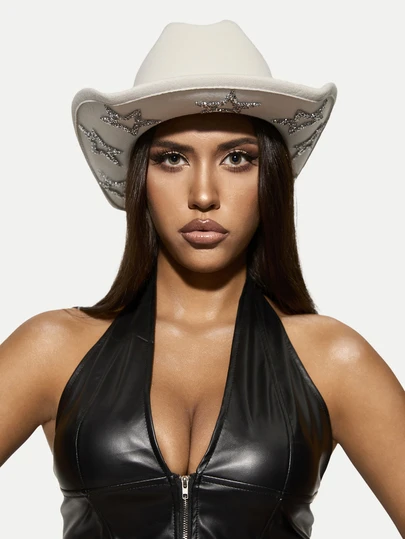 TuEzra 1pc Solid Unique Shiny Rhinestone Stars Hollow-Out Printed Cowboy Hat, Suitable For Parties, Western-Themed Activities, Gatherings, Engagement Parties, Role-Playing, Graduations, Costume Parties, Festivals, Weddings, Birthday Celebrations, Music Festivals, And Adult Ceremonies. Street Fashion, 2024 Wedding Essentials, Classy Aesthetic, Dinner Party Essentials, Perfect For Single Ladies And Cowgirls, Girlcore, Vintage, Floral, Spring Summer Bright Colors, Pink Aesthetic, Novelty Punk Style Wide Brim Hat. Halloween