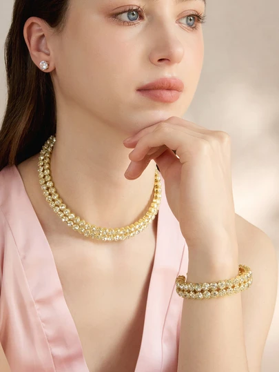 Clariva 3pcs Double Row Crystal Necklace & Bracelet Set For Women, Bridal Wedding Party Jewelry Accessories
