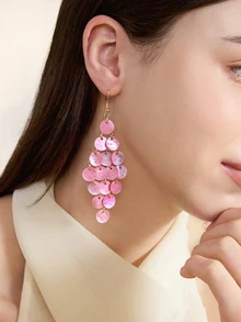 Clariva 1 Pair Women's Bohemian European & American Minimalist Fashion Exaggerated Summer Beach Vacation Style Round Shell Tassel Earrings, Suitable For Beach, Daily Wear, Party, Spring Festival, Purple, Blue, Green, Gray, White, Pink - Bohemian Long Tassel Dress - View 2