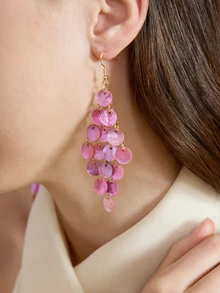 Clariva 1 Pair Women's Bohemian European & American Minimalist Fashion Exaggerated Summer Beach Vacation Style Round Shell Tassel Earrings, Suitable For Beach, Daily Wear, Party, Spring Festival, Purple, Blue, Green, Gray, White, Pink - Bohemian Long Tassel Dress - View 4