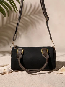 Fashionable High-End Cylinder Boston Bag For Women, Versatile Handheld/Shoulder/Crossbody Bag With Zipper, Frosted Pu Leather Cottagecore,SummerOutfit - Black - View 2