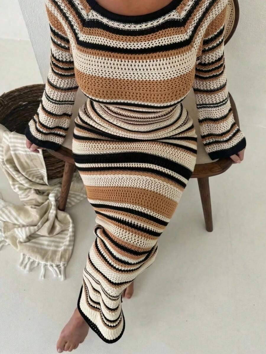 Đầm dệt kim hở lưng kẻ sọc tương phản - Nhiều màu - Xem 1