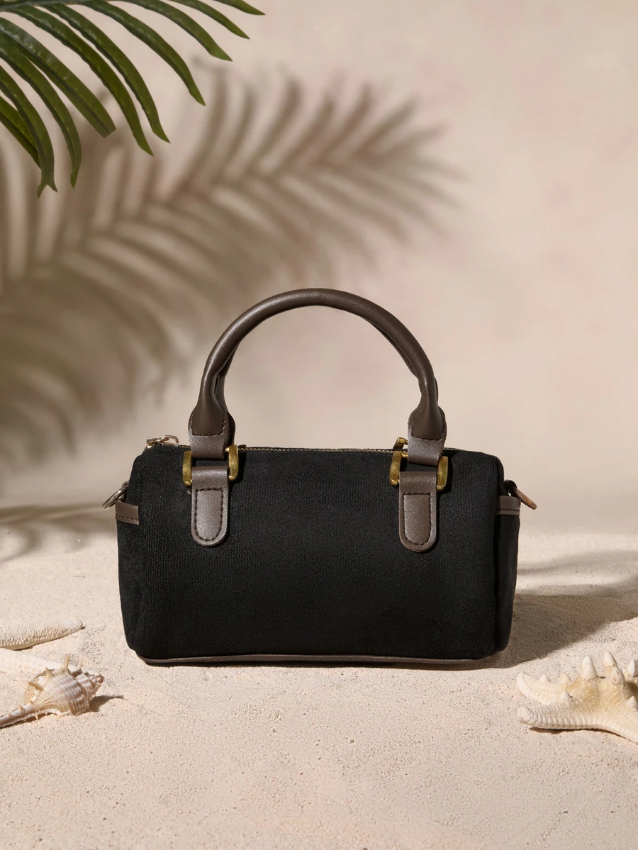 Fashionable High-End Cylinder Boston Bag For Women, Versatile Handheld/Shoulder/Crossbody Bag With Zipper, Frosted Pu Leather Cottagecore,SummerOutfit - Black - View 1