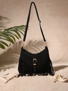 Tropiscape 1pc Black PU Leather Smooth Zipper Tassel Decor Fashion Versatile Casual Crossbody Bag, Suitable For Women's Daily Use Cottagecore,SummerOutfit - Black - View 1