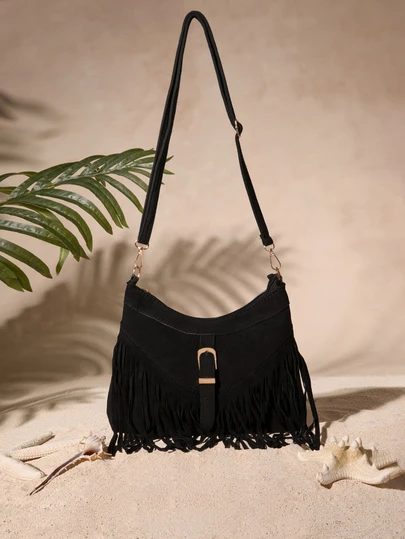 Tropiscape 1pc Black PU Leather Smooth Zipper Tassel Decor Fashion Versatile Casual Crossbody Bag, Suitable For Women's Daily Use