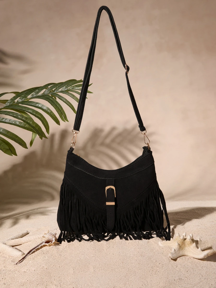 Tropiscape 1pc Black PU Leather Smooth Zipper Tassel Decor Fashion Versatile Casual Crossbody Bag, Suitable For Women's Daily Use Cottagecore,SummerOutfit - Black - View 1