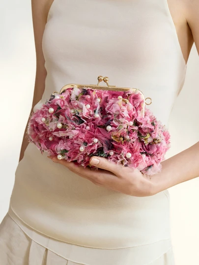 Clariva 2026 Spring/Summer White Romantic Wedding Season 1pc Pink Handmade 3D Colorful Lace Applique Clutch Bag With Pearl Decor, Luxury Women's Formal Dress Party Bridal Handbag For Wedding, Banquet (Floral Placement May Vary, Not A Quality Issue, Cautious Buyers)