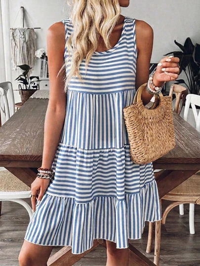 大码女士条纹无袖吊带连衣裙，夏季度假连衣裙，优雅