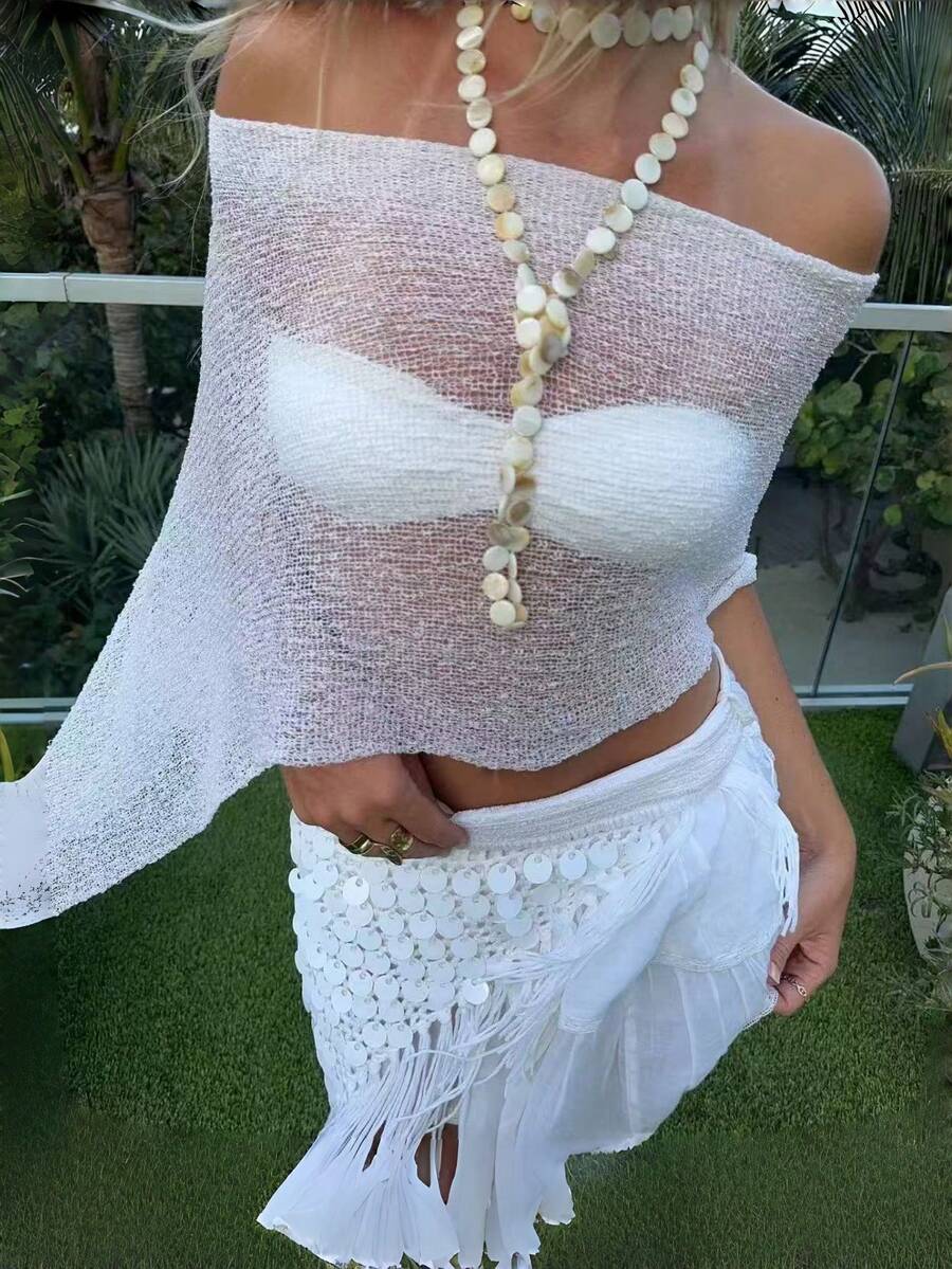 春夏时尚优雅性感修身不规则针织女式上衣，浪漫派对沙滩装，优雅女士衬衫，夏季度假装，女士休闲上衣，Y2K风格，乡村音乐节装，约会装 - 白色 - 查看 1