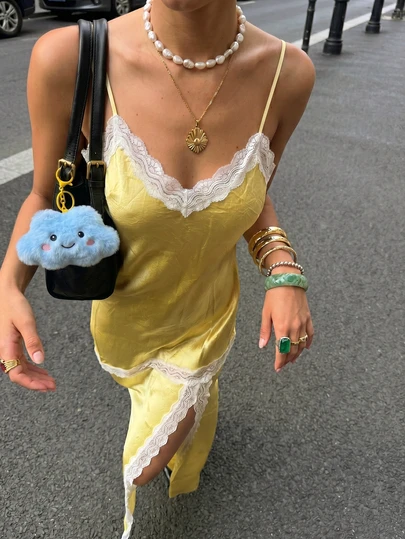 女士优雅蕾丝拼接开衩吊带中长连衣裙，适合夏季、海滩、度假穿着