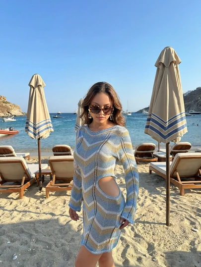 女士新款撞色针织长袖连衣裙，性感夏季度假装