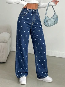 Women's Casual Elastic Washed Skinny Heart Print Flared Leg Pants, Minimalist European & American Street Style Spring - Medium Wash - View 3