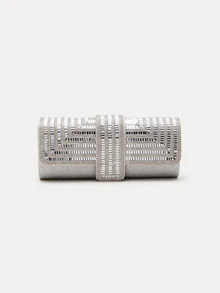 TuEzra Túi cầm tay đính đá Rhinestone sang trọng dành cho nữ, Túi đeo chéo vuông nhỏ - Bạc - Xem 2