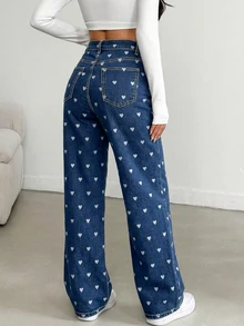 Women's Casual Elastic Washed Skinny Heart Print Flared Leg Pants, Minimalist European & American Street Style Spring - Medium Wash - View 5