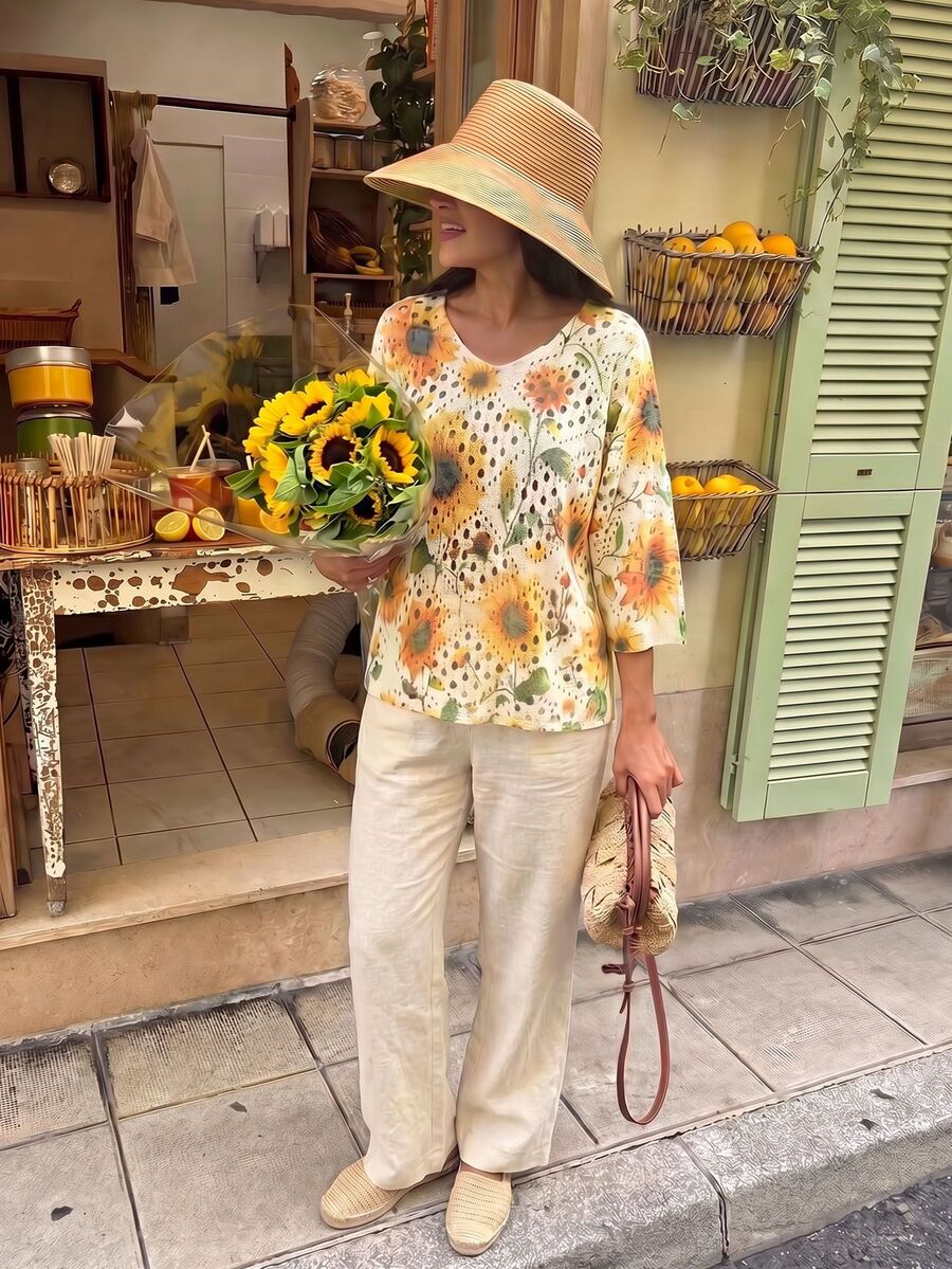 女士V领镂空印花宽松休闲短袖针织上衣 - 夏季时尚日常百搭街头沙滩度假必备 - 彩色 - 查看 1